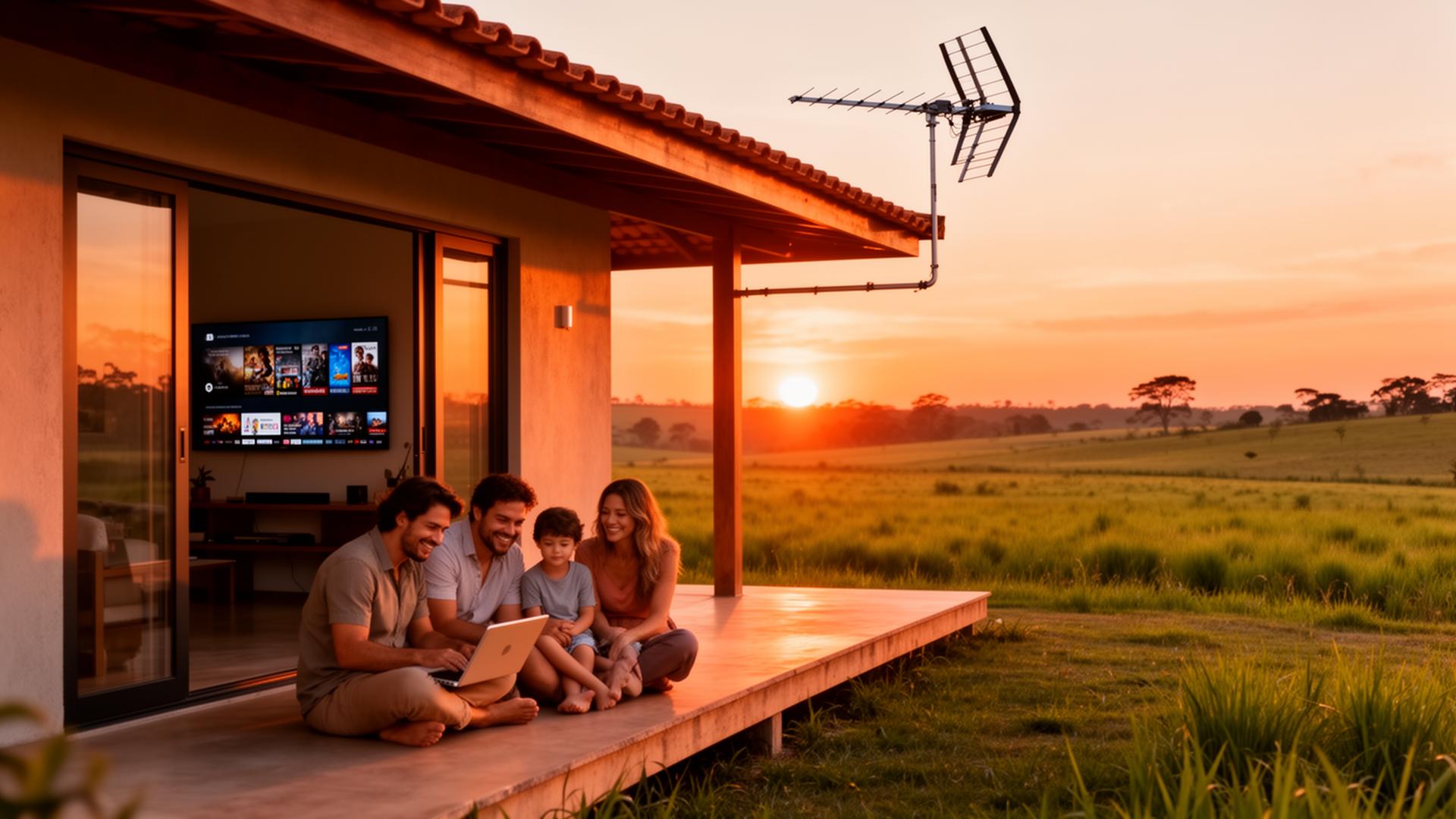 Família em fazenda ao entardecer usando internet rural